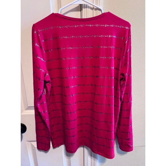 Lands' End Long Sleeve Soft Cotton Red Silver Star Stripes Shirt Crew Neck Sz M - Picture 4 of 6